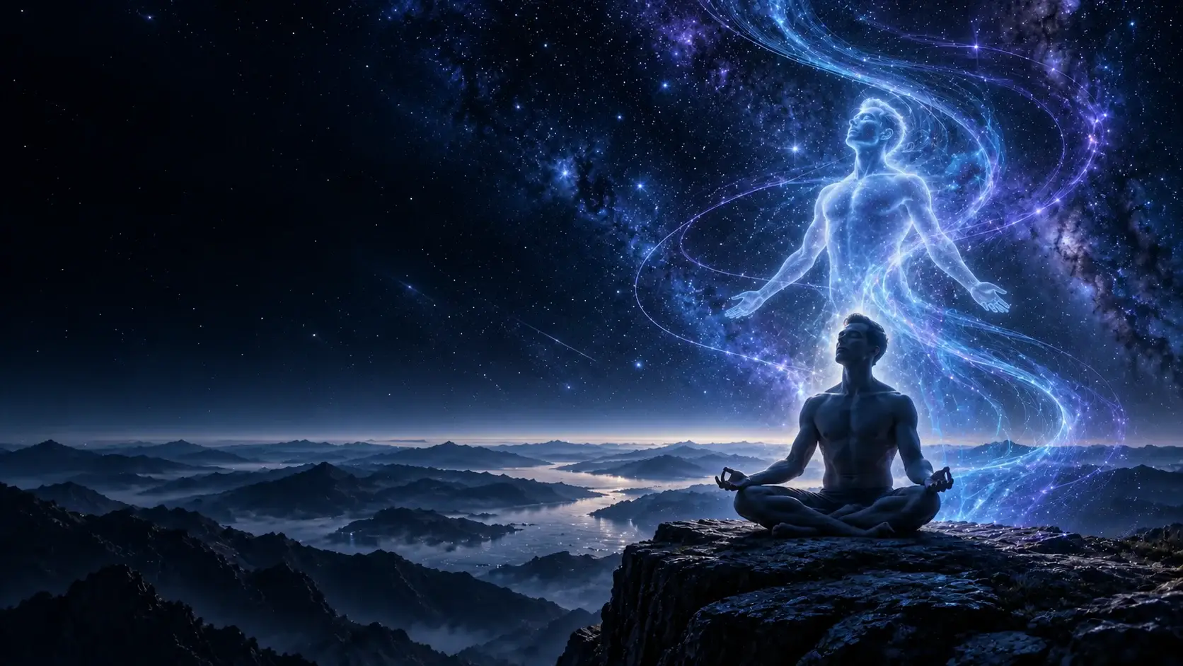 A seated contemplative figure with a translucent luminous form above a blue mountain horizon