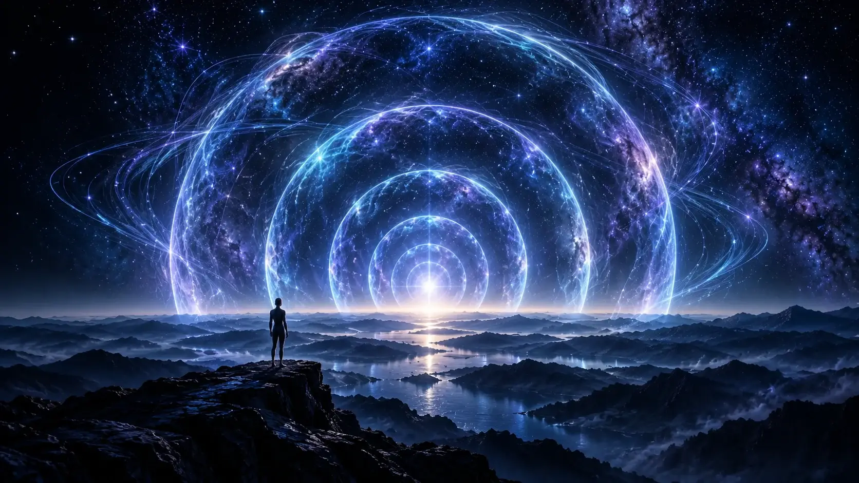 Luminous blue and violet gateways receding across a mountain landscape toward a distant light